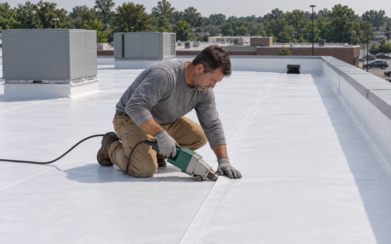 A seam in a new white TPO membrane heat-welded on the flat roof of a one-story Cherry Hill retail building.