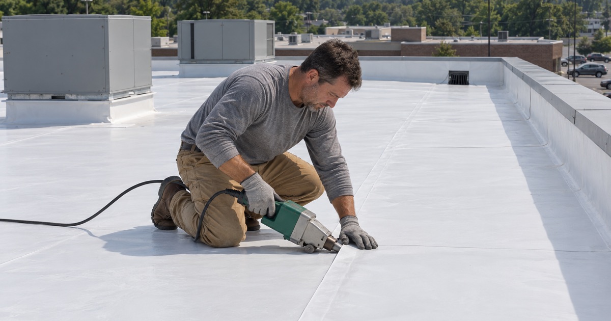 A seam in a new white TPO membrane heat-welded on the flat roof of a one-story Cherry Hill retail building.