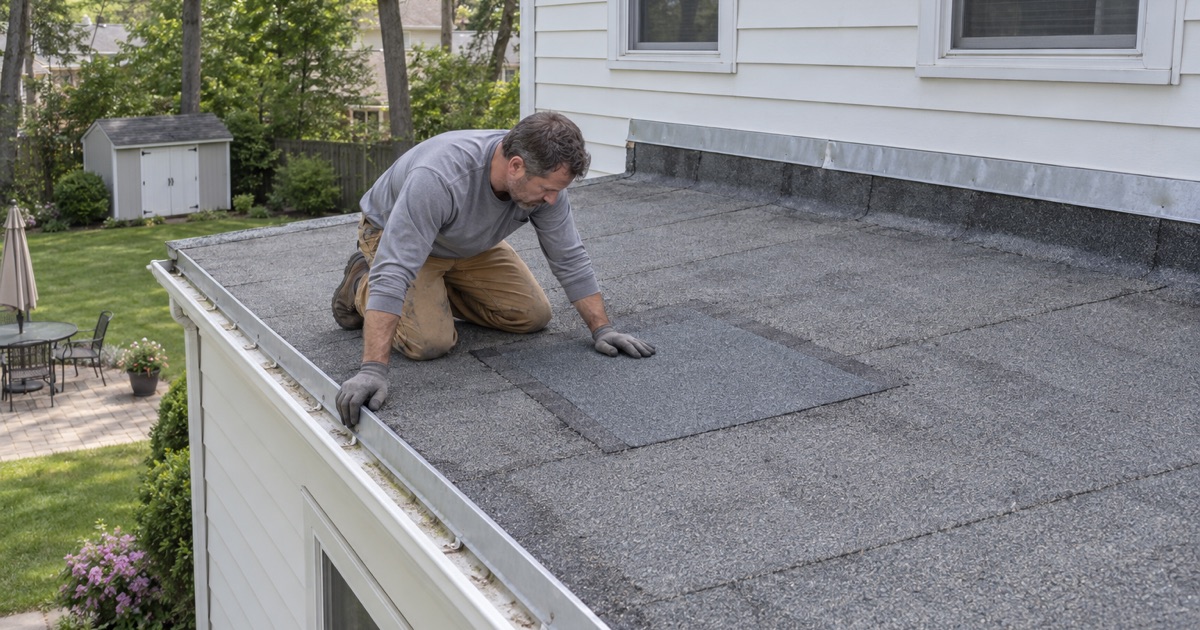 A patch of granulated cap sheet pressed over a split in the flat roof of a rear den addition on a Cherry Hill house.