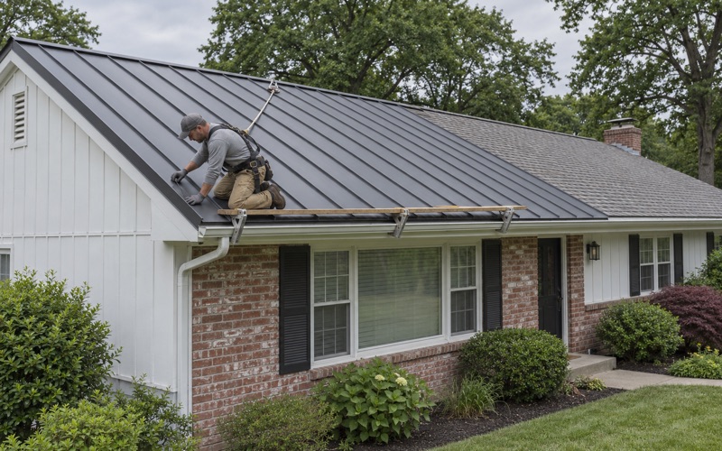 Charcoal standing-seam steel panels going onto the main roof of a 1950s ranch in Cherry Hill.