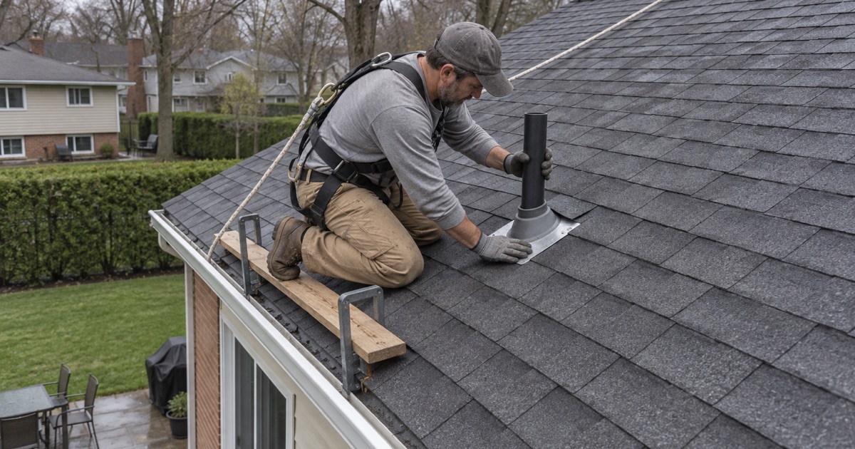 A new pipe boot lapped into the shingles around a vent pipe on the rear slope of a Cherry Hill split-level to stop a leak.