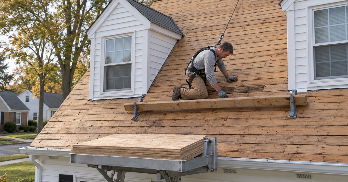 The bare deck between the dormers of a 1950s Cape Cod in Bordentown Township during a re-roof