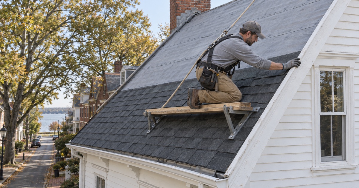 A new shingle roof going on a 19th-century frame house near the Delaware River in Burlington City, a flat gray strip of river beyond.