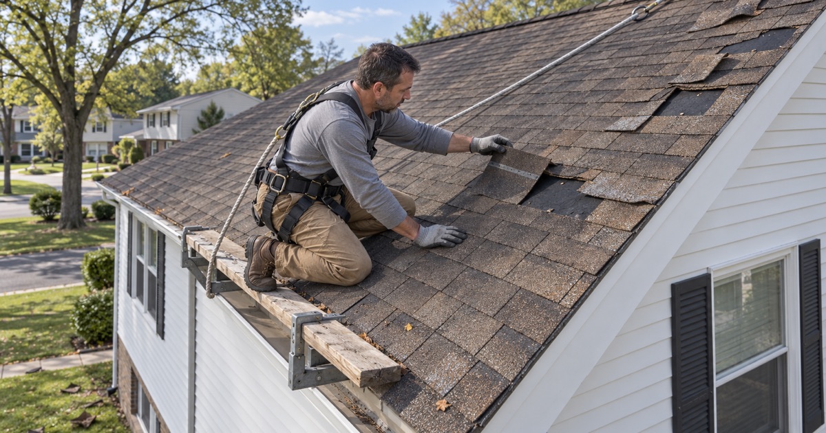 Wind-lifted and creased shingle tabs along the edge of a Cinnaminson split-level after a severe storm