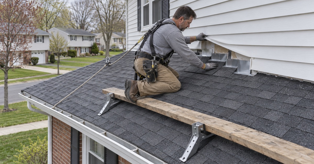 Siding lifted where a split-level’s lower roof meets the upper wall in Delran, showing the step flashing behind it.