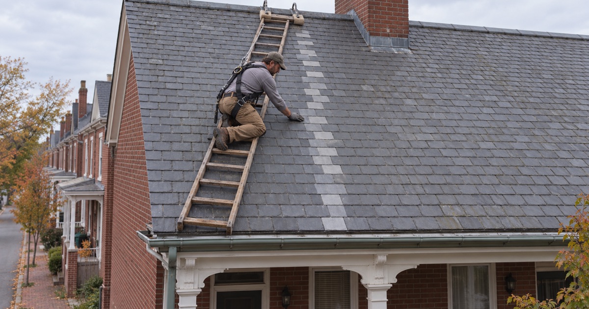 Slate repaired on one owner’s half of a brick twin in Roebling, Florence Township, stopping cleanly at the neighbor’s line.