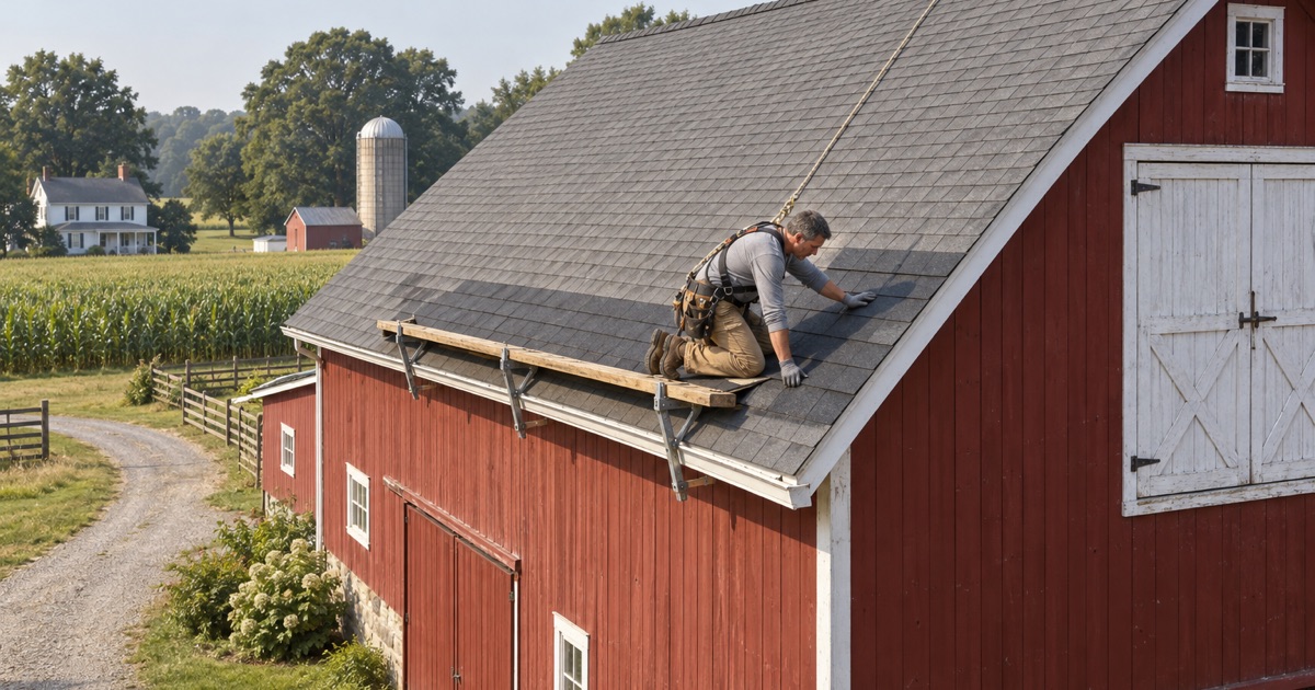 A roofer replacing shingles on the roof of a wooden barn on a preserved farm in Franklin Township, Gloucester County.