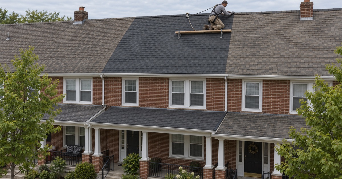 One row house’s new roof meeting the neighbors’ older roofs over the party walls in Gloucester City