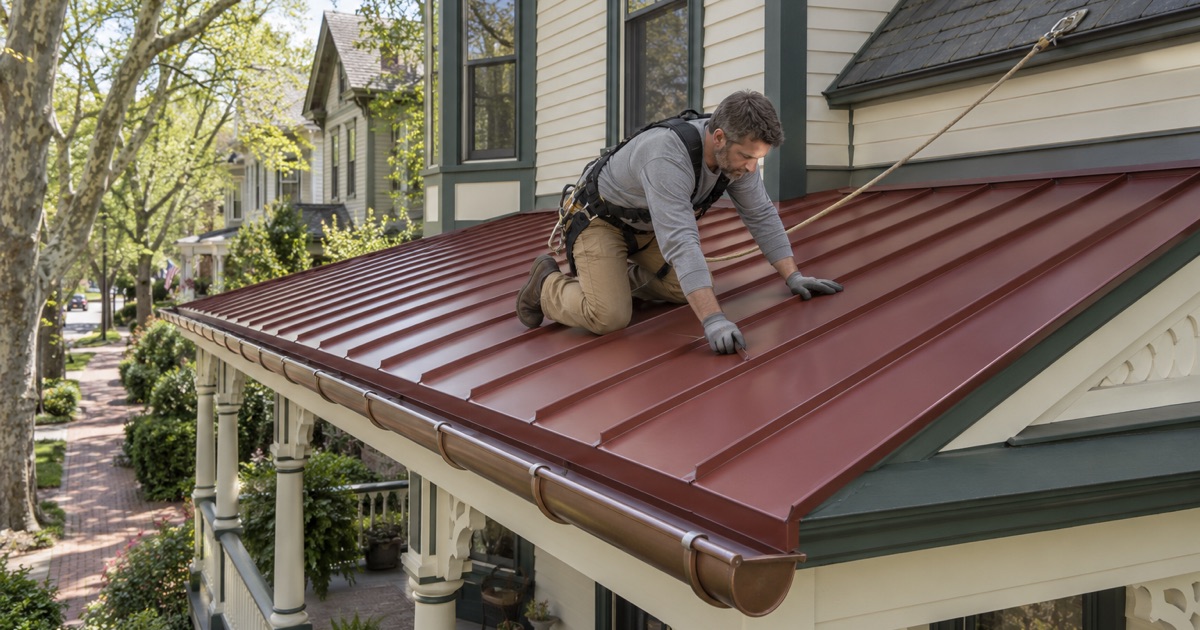 A dark red standing-seam porch roof and half-round gutter on a Victorian house in Haddonfield’s Historic District.