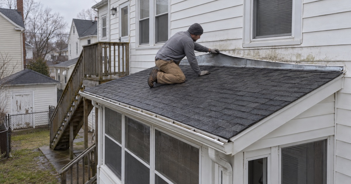 Apron flashing checked where the rear porch roof meets the wall of a two-family rental house in Hammonton.