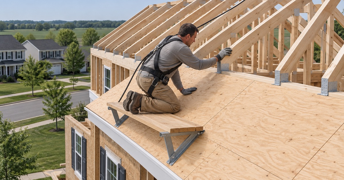 New roof framing and sheathing going on a rebuilt house in Mullica Hill, Harrison Township, after the 2021 tornado.