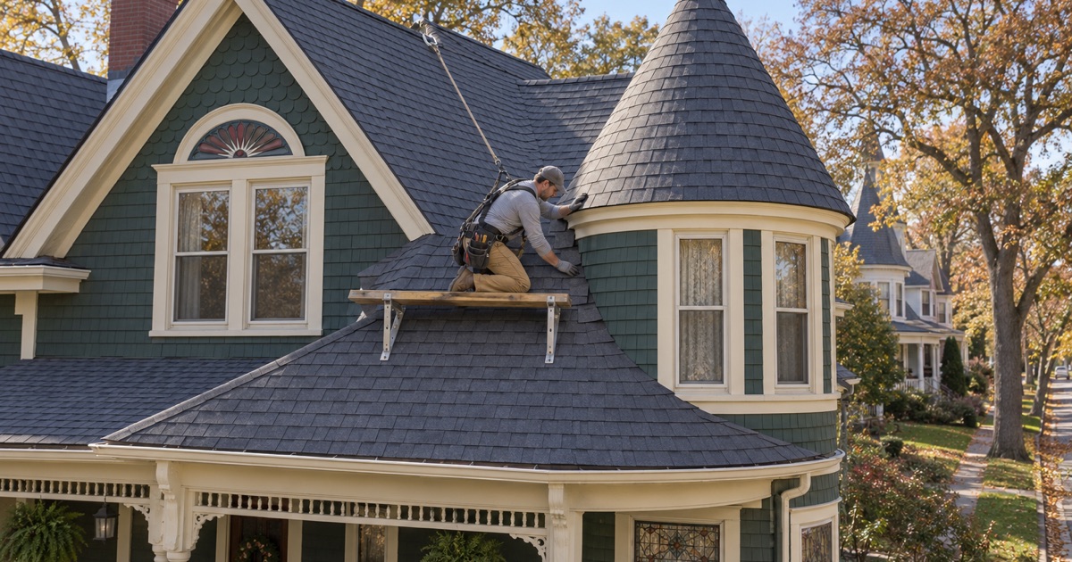 Shingles worked into the valley where a round Queen Anne tower meets the main roof of an 1890 house in Lansdowne Park.