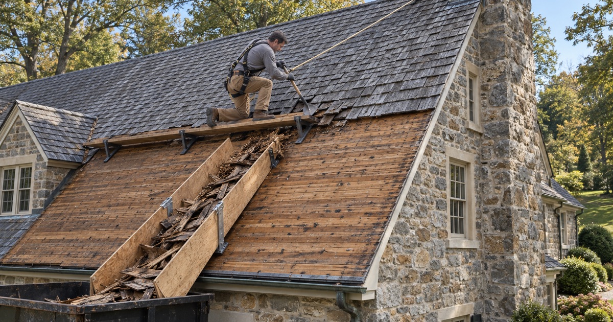 Old wood shake torn off the roof of a stone estate house in Gwynedd Valley, Lower Gwynedd, down to the deck before the new roof.