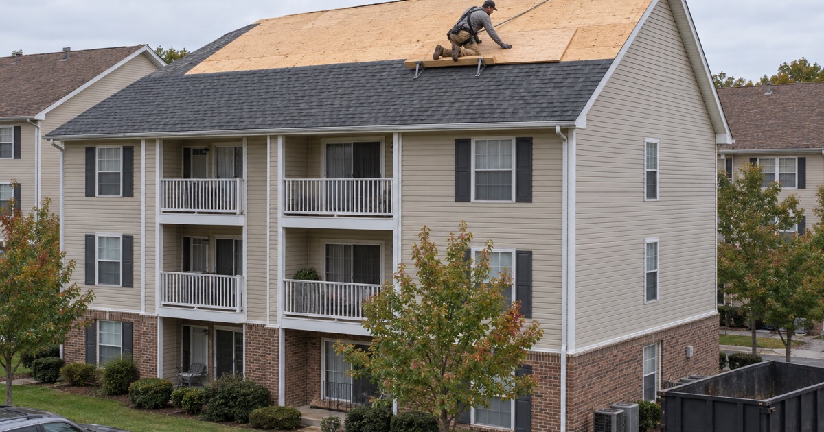 One building of a Lumberton garden apartment community being re-roofed while the buildings beside it wait their turn.