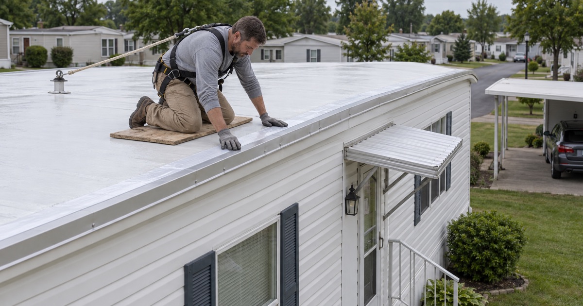 A roofer resealing the edge trim on the low roof of a manufactured home in a Mantua Township community.