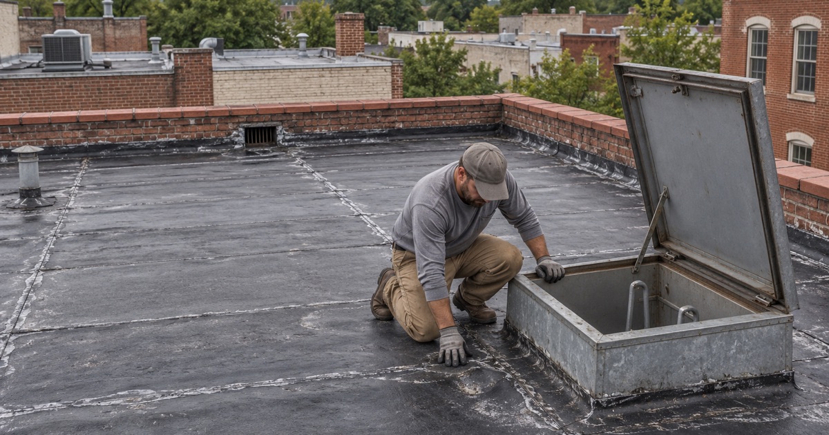 The flat roof of a three-story brick building on High Street in Mount Holly, reached through its roof hatch above the top-floor apartment.