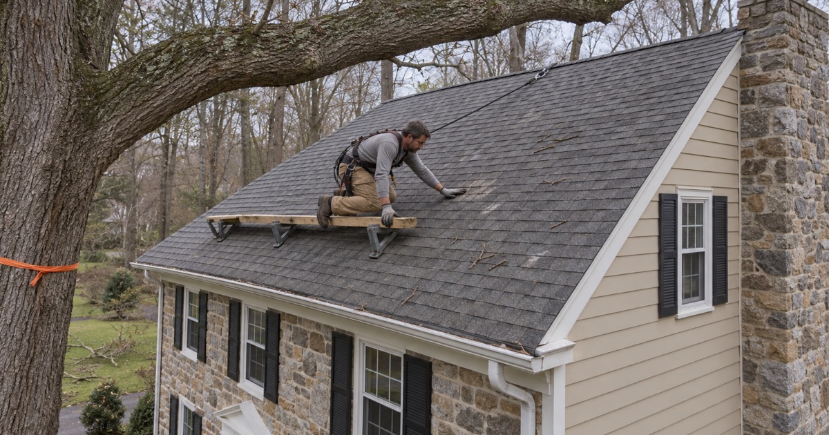 A roofer checking shingles under a ribbon-marked oak limb on a wooded Wallingford lot in Nether Providence, the tree left for a licensed tree contractor