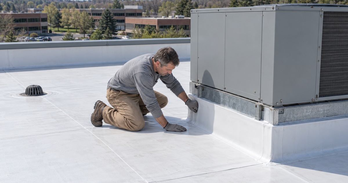 White membrane flashing pressed up an HVAC curb on the low-slope roof of a Plymouth Meeting office park building.