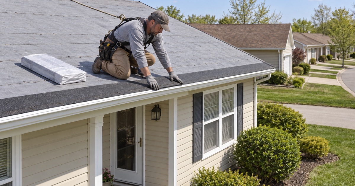 A new starter strip laid along the eave of a one-story ranch in Leisuretowne, Southampton, on its turn in the replacement cycle.