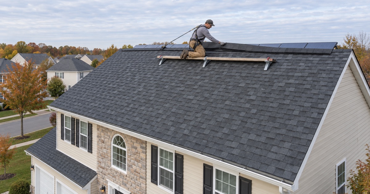 A ridge vent set on the newly shingled front of a 2000s house in a Woolwich association neighborhood, the solar array on the rear slope left untouched.