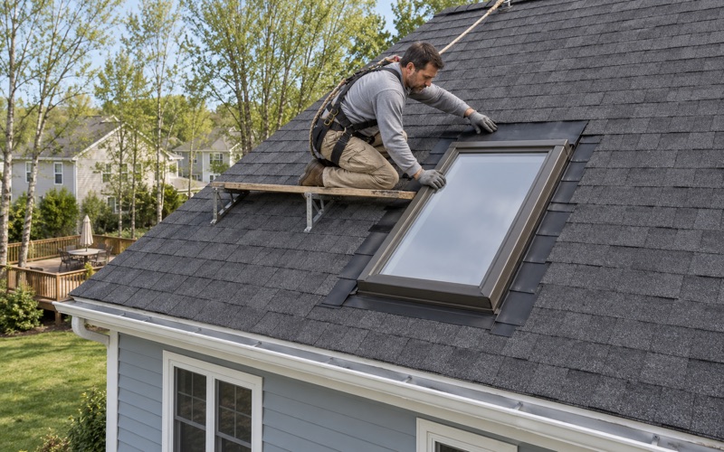Step flashing woven up the sides of a new skylight on the rear slope of a Cherry Hill colonial, the head flashing going in above.