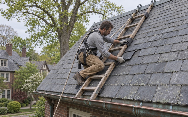 A replacement slate slid into a gap from a roof ladder hung on the ridge of a 1920s house in Cherry Hill's Erlton section.