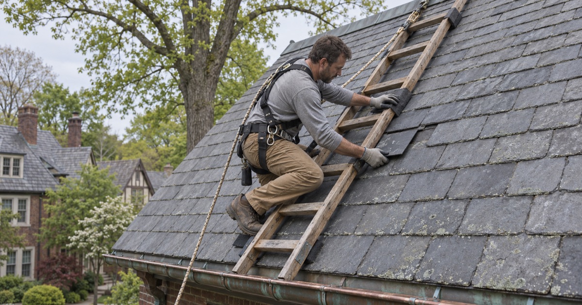 A replacement slate slid into a gap from a roof ladder hung on the ridge of a 1920s house in Cherry Hill’s Erlton section.